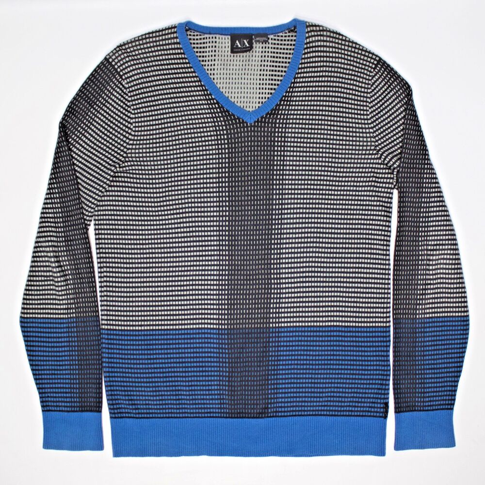 Armani Exchange Geometric Blue Black Gray Check Color Block V Sweater Men M (B7)